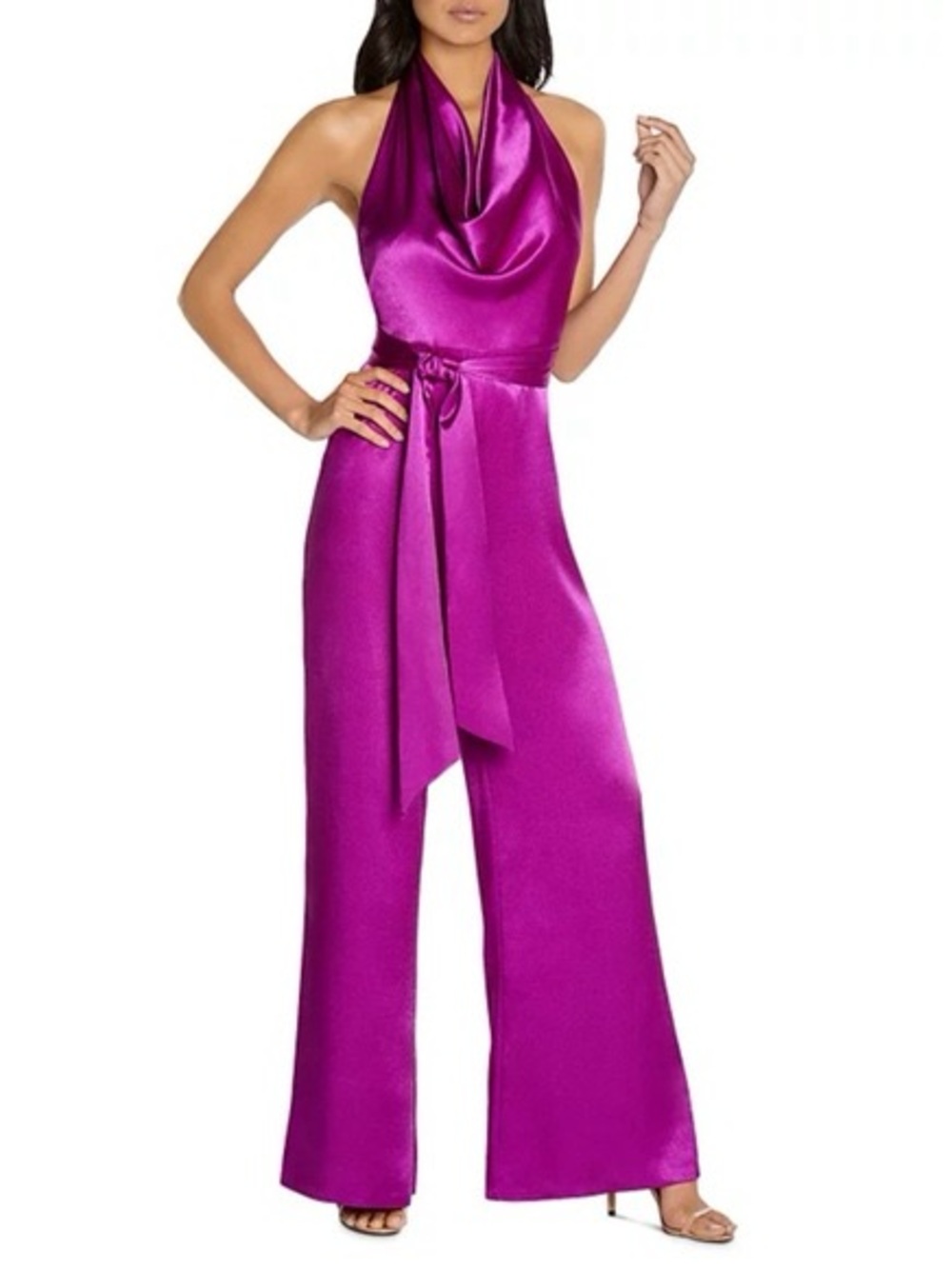 Neiman Marcus Satin Halter Jumpsuit in Fuchsia